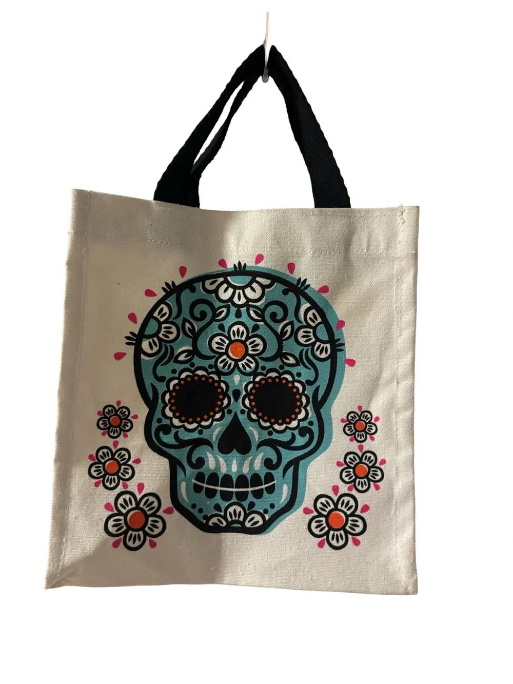 Sugar Skull Canvas Tote Bag in Teal and Black